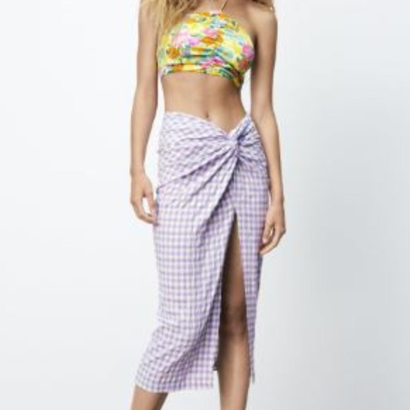 Zara Dresses & Skirts - ZARA Plaid Purple Gingham Knot Midi Skirt Sarong Cover-Up Asymmetric Size Small